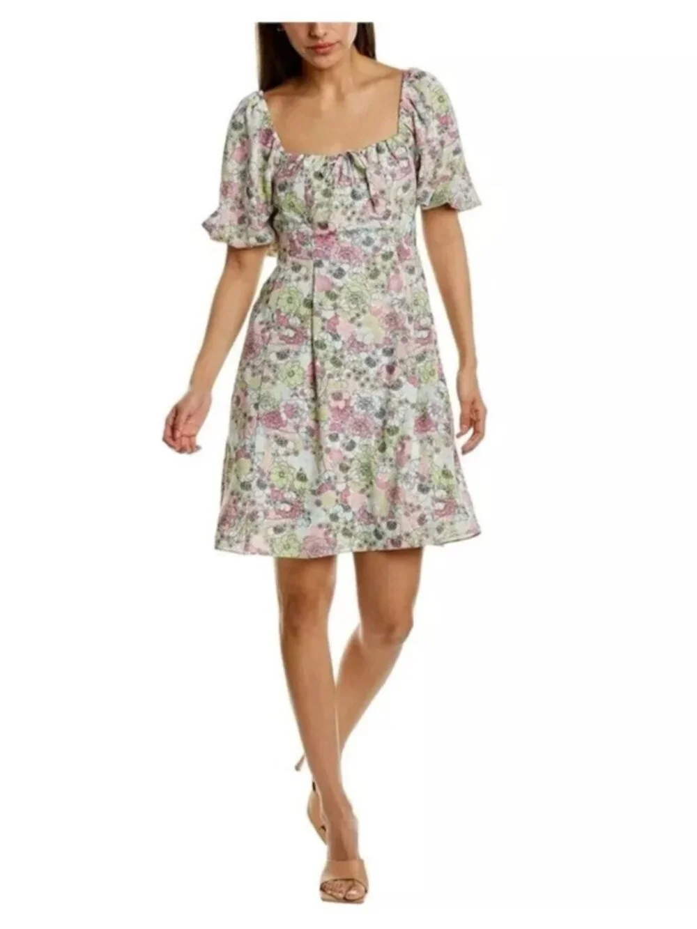 BCBGeneration Pastel Floral Milkmaid Cottagecore Dress Puff Sleeve Size 12 - Picture 2 of 9